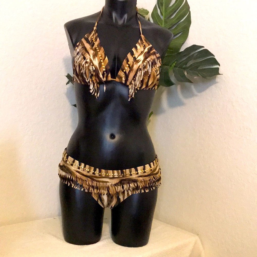 Guess Fringe Gold Studded Tiger Animal Jungle Tropical String Bikini LARGE